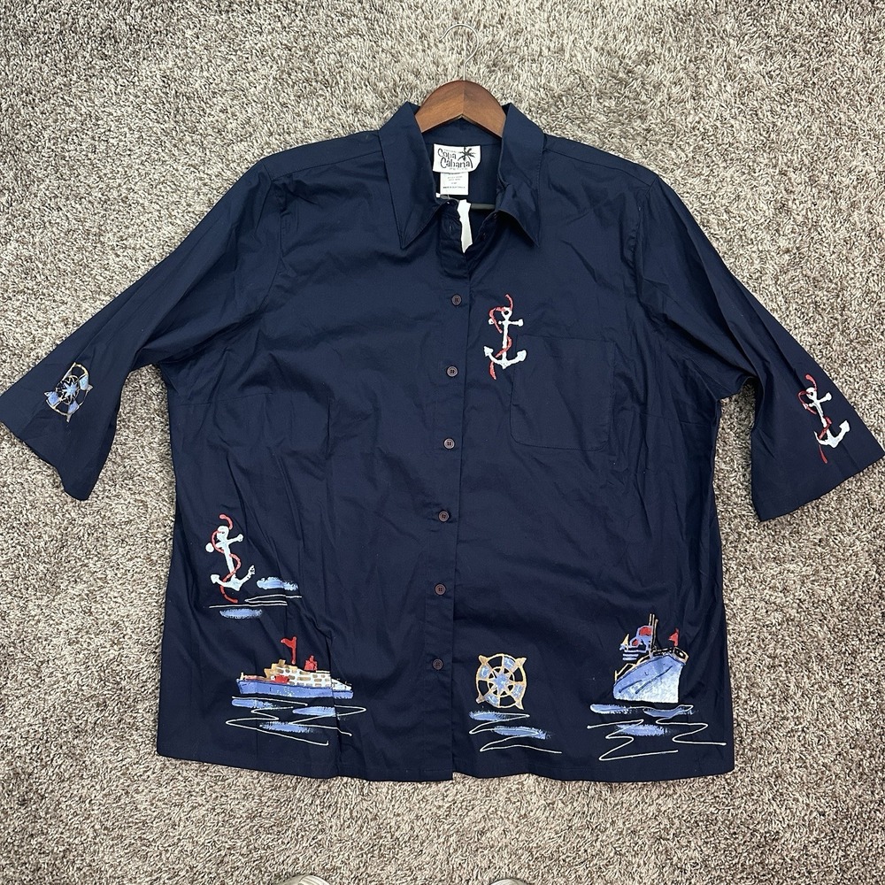 Copa Cabana Sailboat Top Womens 2XWP Button Up Nautical Coastal Preppy Navy NWT